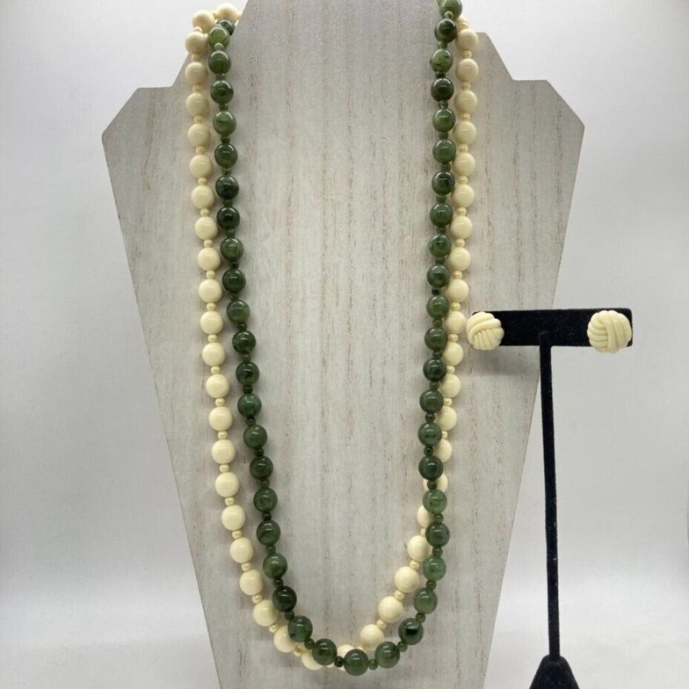 Avon Fashion Lustre Set Pierced Earrings Simulated Ivory Jade Bead Necklaces
